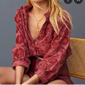 Anthropologie Pilcro Maroon Velvet Floral Applique Button Up Boho Top | M